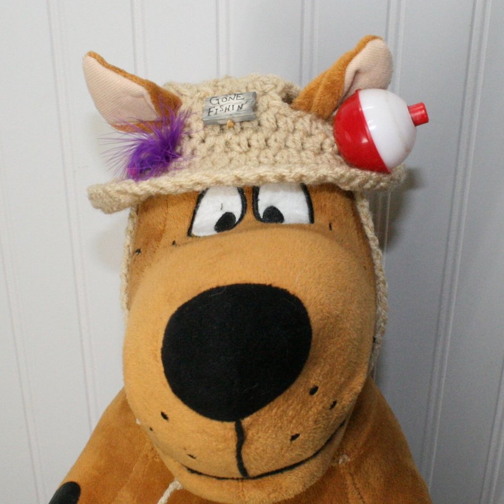 HAND CRAFTED Hat Crochet Dog Gone Fishing Costume Photo Prop Tan Cap Outdoor